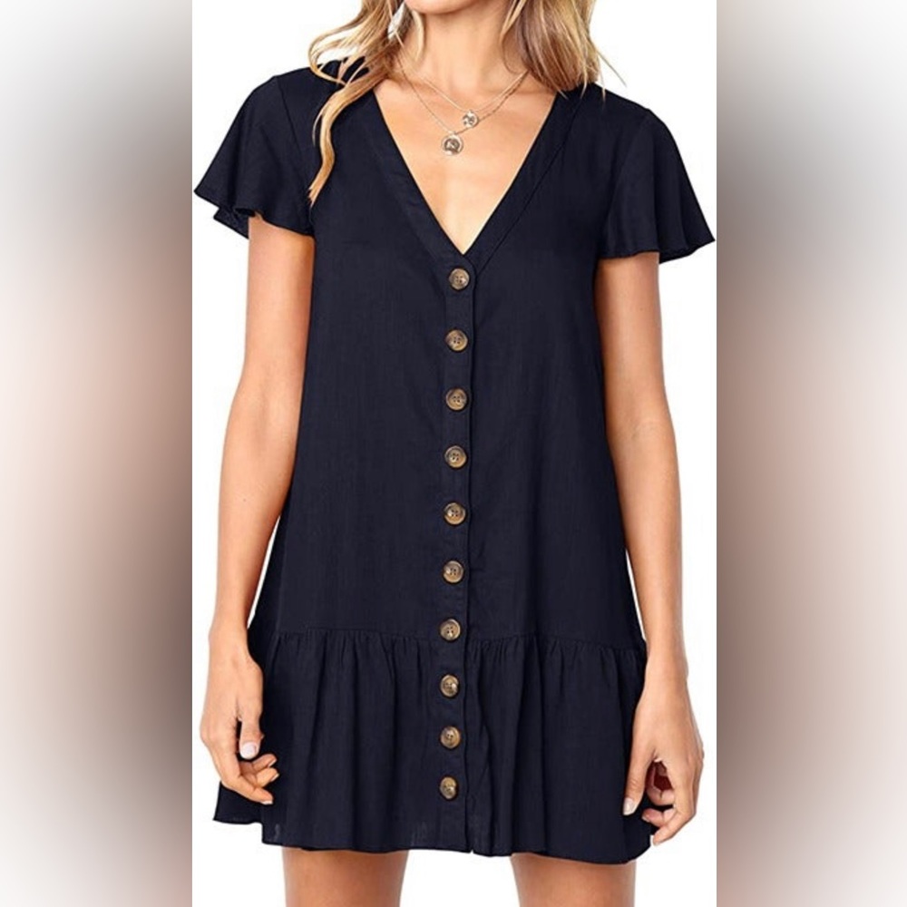 Womens V Neck Button Down Ruffles Loose Mini Short T-Shirt Dress Navy small